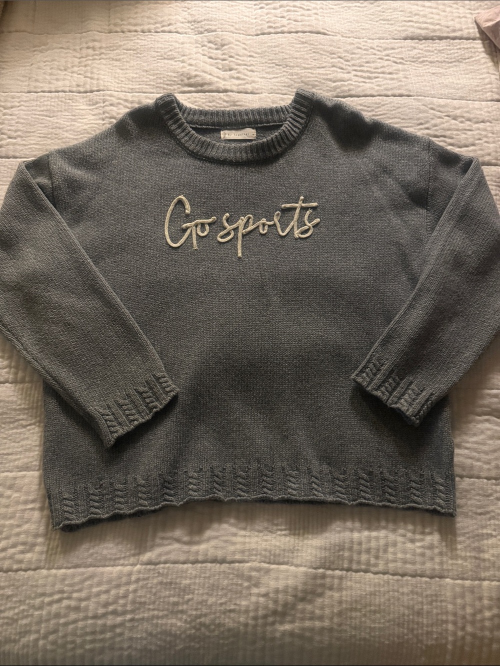 Together Gray 'Go sports' Embroidered Crewneck Sweater